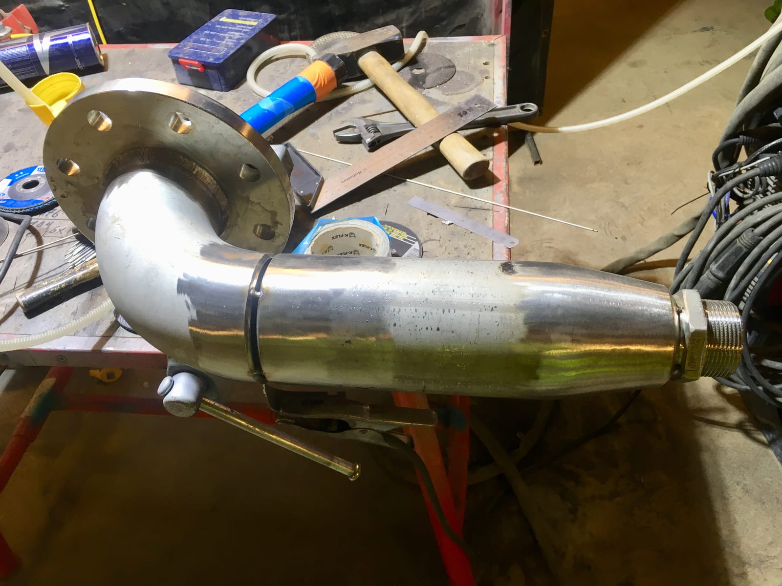 Welded stainless bend and reducer on the fabrication bench
